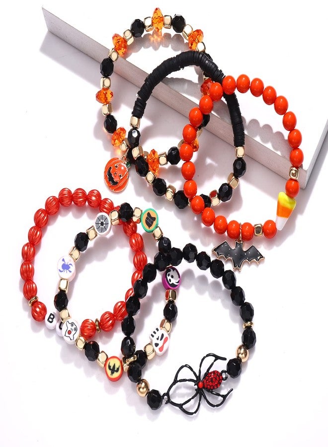 BVGA Halloween Bracelets Beaded Pumpkin Candy Corn Spider Ghost Charms Bracelets BOO Happy Halloween Stretch Bracelets Set Holiday Jewelry Gift - Image 4